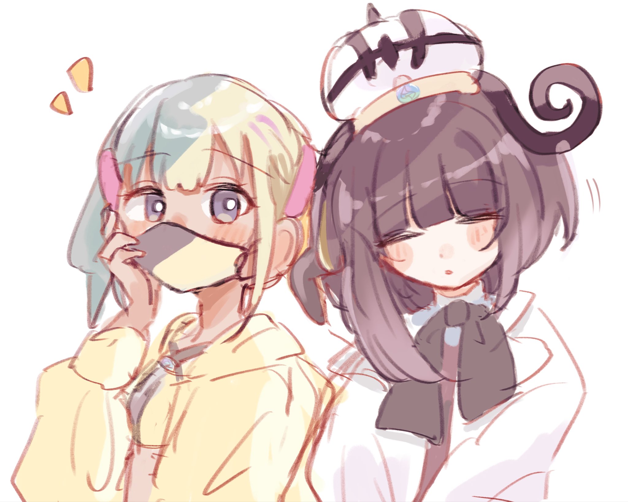 mopumopu107, canari (pokemon), gwynn (pokemon), nintendo, pokemon, pokemon legends: z-a, highres, 2girls, blonde hair, blue hair, blunt bangs, bob cut, closed eyes, coat, dark-skinned female, dark skin, hat, jacket, long sleeves, mask, mega stone, mouth mask, multicolored hair, multiple girls, purple hair, short hair, sleeping, split-color hair, two-tone hair, upper body, white background, white coat, yellow jacket