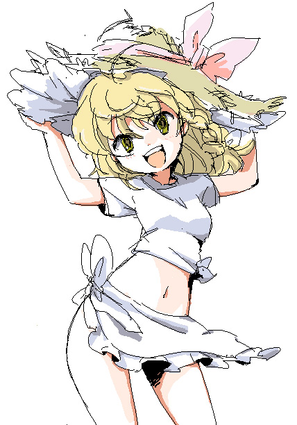 ica, kirisame marisa, touhou, 1girl, adapted costume, blonde hair, braid, female focus, hand on headwear, hat, midriff, navel, no panties, oekaki, sarong, shirt, smile, solo, straw hat, tied shirt, yellow eyes