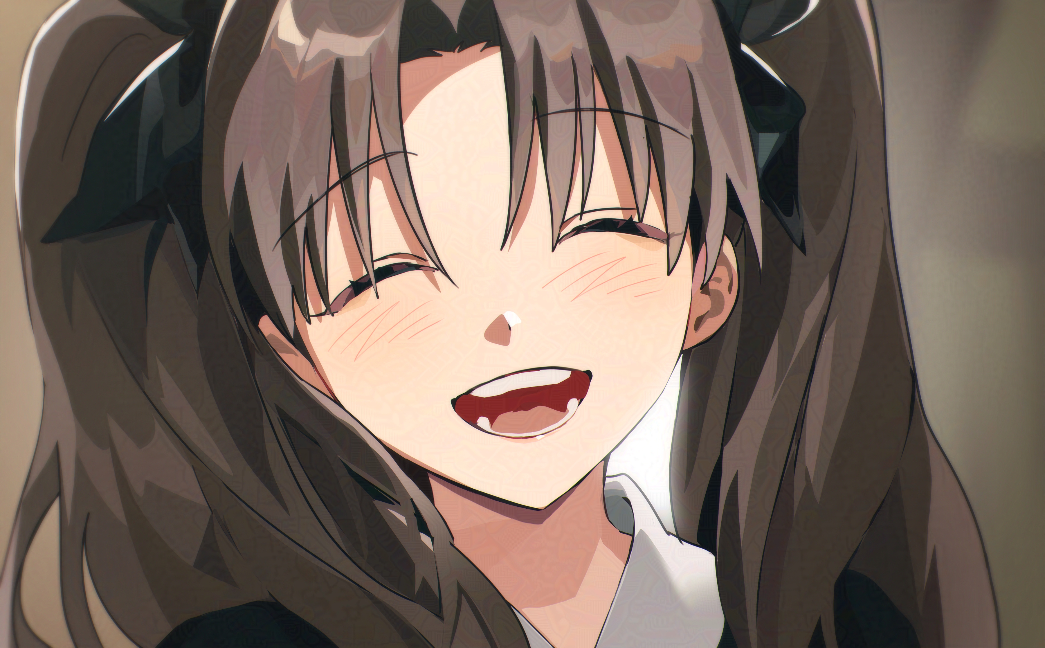 0304rong0304, tohsaka rin, tohsaka rin (fate/zero), fate/zero, fate (series), absurdres, commentary request, highres, korean commentary, 1girl, backlighting, black hair, blurry, blurry background, closed eyes, long hair, open mouth, portrait, smile, solo, twintails