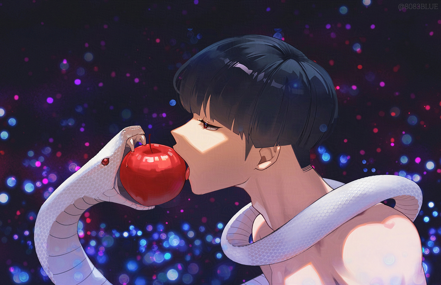8083 blue, hoshina soshiro, kaijuu no. 8, commentary, 1boy, adam's apple, apple, biting, black hair, blue background, blunt bangs, food, fruit, long sideburns, looking ahead, male focus, red eyes, sideburns, snake, solo, topless male, white snake, yonic symbol