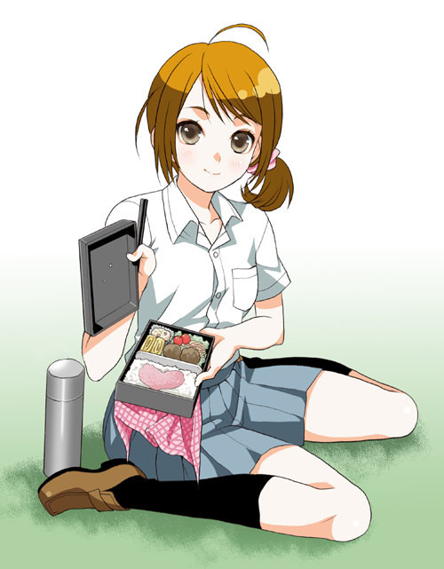 mattaku mousuke, original, 1girl, ahoge, bento, brown eyes, brown hair, chopsticks, female focus, food, food art, looking at viewer, pleated skirt, sitting, skirt, smile, socks, solo, wariza