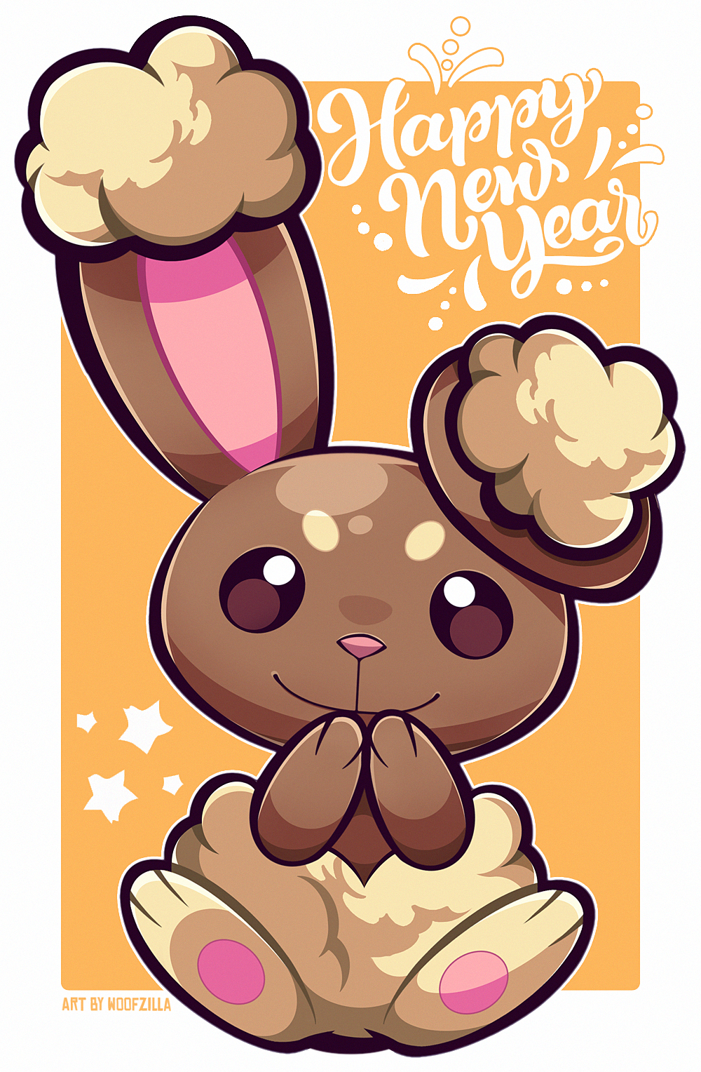 woofzilla, buneary, nintendo, pokemon, commentary, english commentary, highres, artist name, bright pupils, brown eyes, full body, gen 4 pokemon, happy new year, looking at viewer, new year, no humans, pokemon (creature), rabbit, sitting, smile, solo, star (symbol), white pupils
