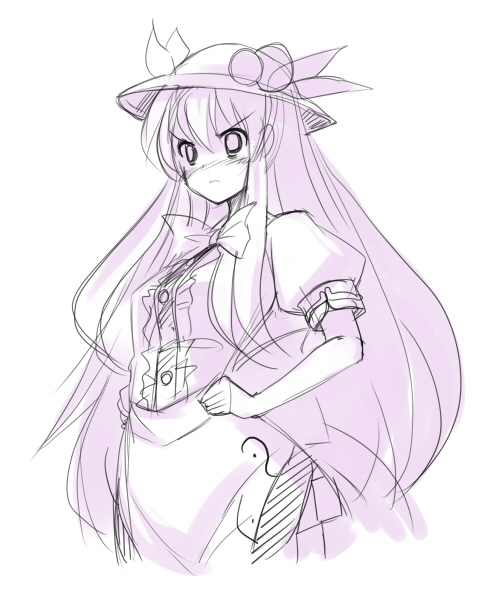 seo tatsuya, hinanawi tenshi, touhou, 1girl, female focus, hat, monochrome, purple theme, solo