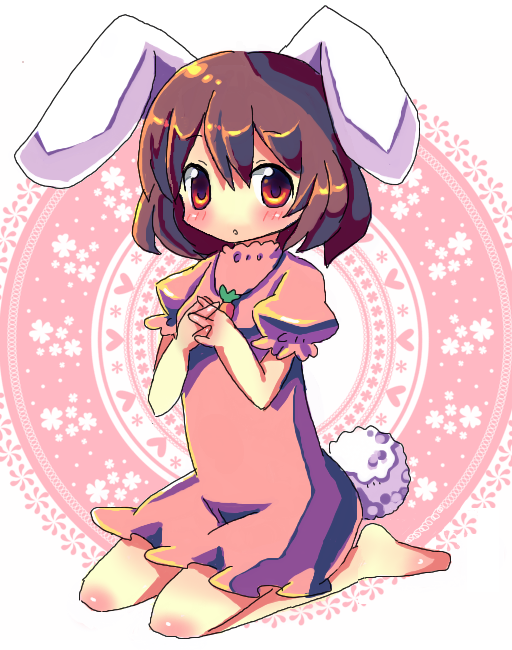 chocolat (momoiro piano), inaba tewi, touhou, 1girl, animal ears, barefoot, blush, brown hair, female focus, full body, kneeling, rabbit ears, red eyes, solo