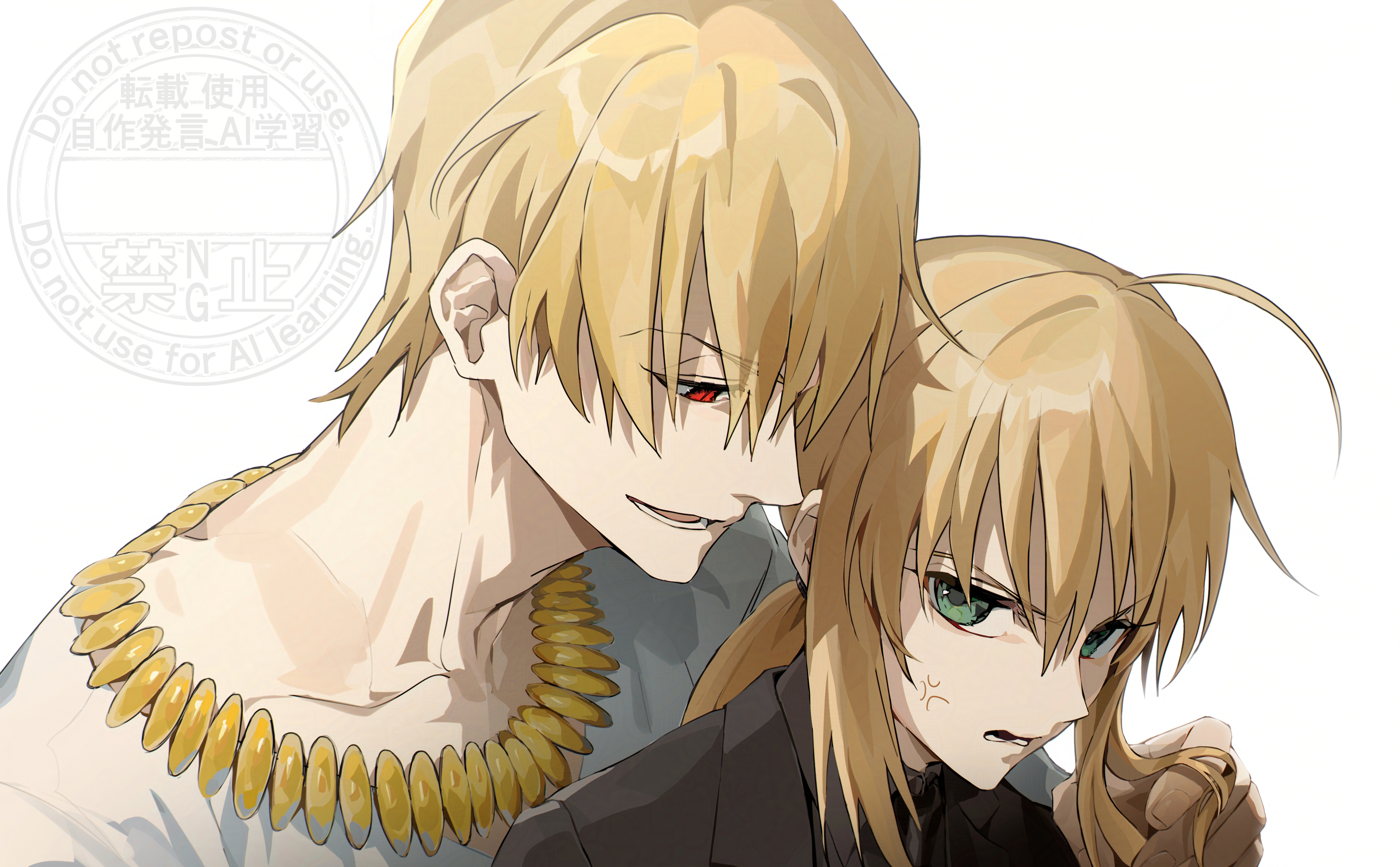 0304rong0304, artoria pendragon (fate), gilgamesh (fate), saber (fate), fate/zero, fate (series), absurdres, commentary request, highres, korean commentary, 1boy, 1girl, ahoge, anger vein, black suit, blonde hair, formal clothes, green eyes, hand in another's hair, height difference, hetero, jewelry, low ponytail, necklace, ponytail, red eyes, suit, watermark