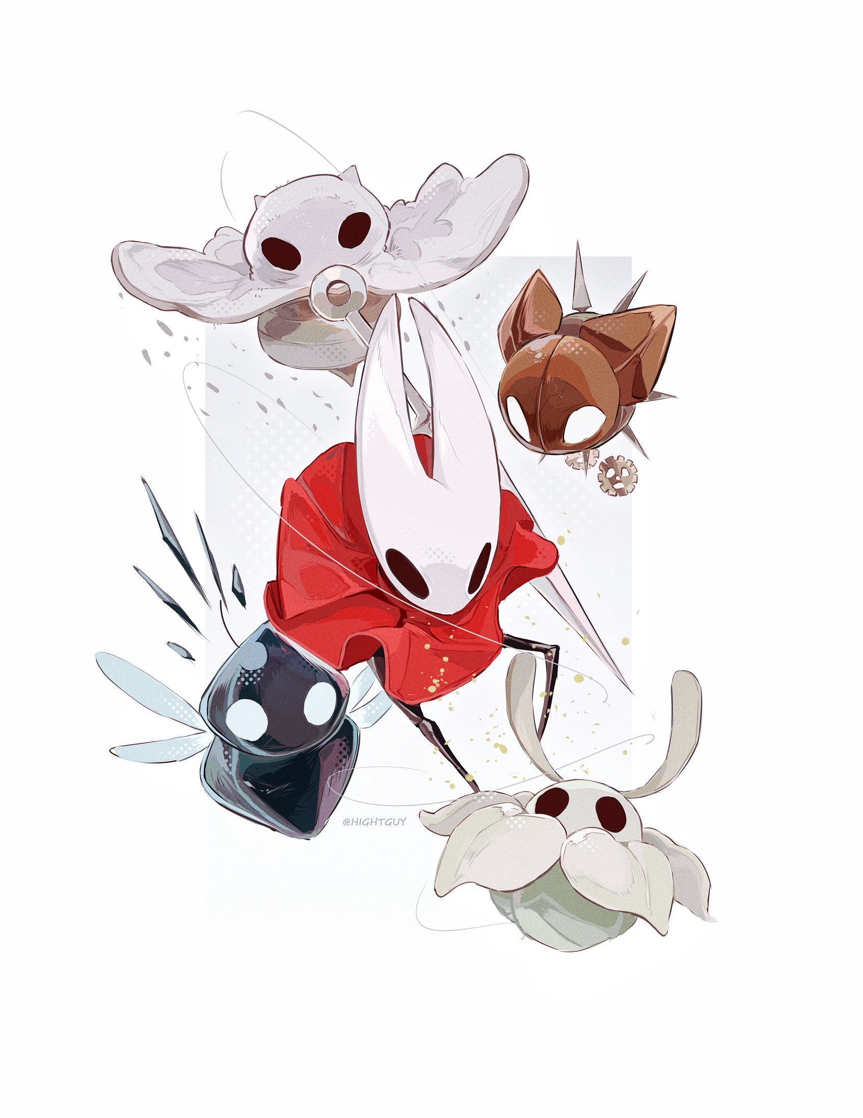 hightguy, hornet (hollow knight), hollow knight, hollow knight: silksong, character request, chinese commentary, commentary request, highres, 1girl, arthropod girl, artist name, border, bug, cloak, film grain, from above, full body, grey background, halftone, halftone background, holding, holding weapon, hollow eyes, horned mask, looking ahead, mask, needle (hollow knight), no mouth, outside border, red cloak, simple background, standing, standing on one leg, weapon, white border, white mask