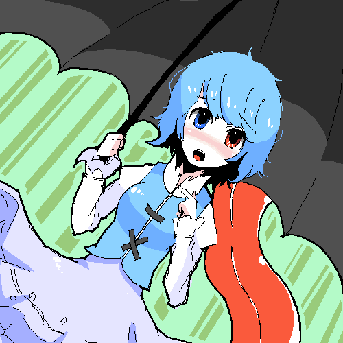 tatara kogasa, touhou, lowres, 1girl, aqua hair, blue eyes, female focus, heterochromia, karakasa obake, red eyes, short hair, solo, standing, tongue, umbrella