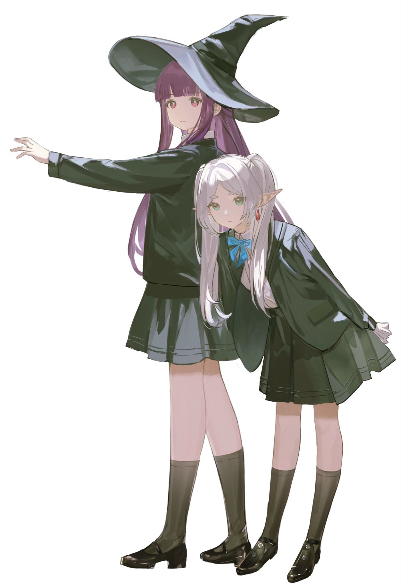 ns404, fern (sousou no frieren), frieren, sousou no frieren, commentary request, highres, 2girls, black shoes, closed mouth, hat, looking at viewer, multiple girls, ribbon, shoes, skirt, socks, white background