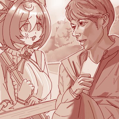 meisho doto (turbulent blue) (umamusume), meisho doto (umamusume), umamusume, lowres, 1boy, 1girl, @ @, ahoge, animal ears, bag, beardmarmot, between breasts, bow, breasts, brown hair, double-parted bangs, ear ribbon, gloves, hair between eyes, hairband, horse ears, horse girl, horse tail, large breasts, multicolored hair, pink hairband, shoulder bag, strap between breasts, tail, two-tone hair, white gloves, white hair