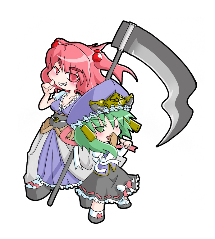 kureha mitsushige, onozuka komachi, shiki eiki, touhou, 2girls, female focus, green eyes, green hair, hair bobbles, hair ornament, hat, long hair, multiple girls, one eye closed, red eyes, red hair, rod of remorse, scythe, short hair, twintails, two side up, wink