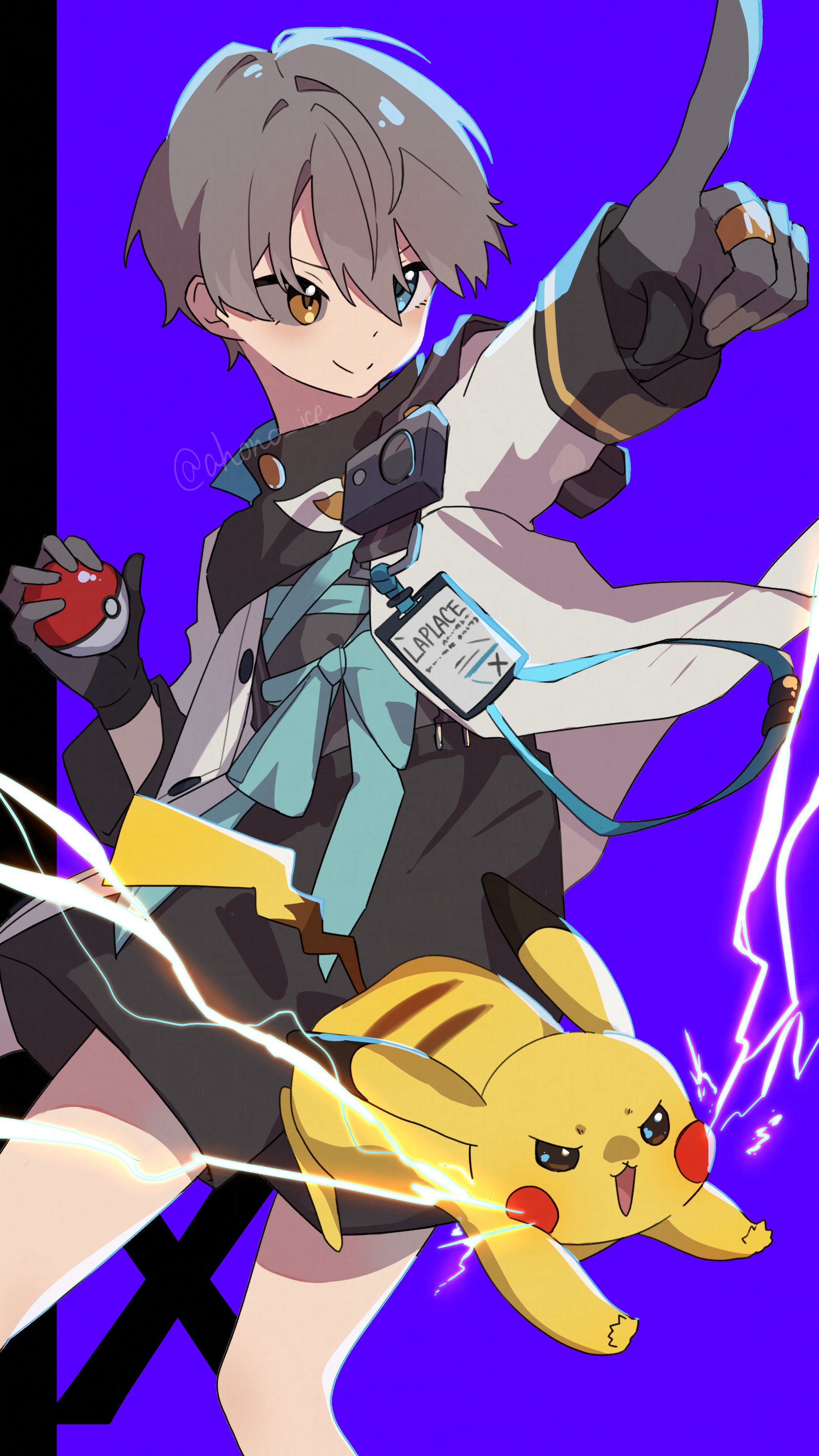 aisu (ahono ice), pikachu, x (reverse:1999), nintendo, pokemon, reverse:1999, absurdres, highres, 1boy, black shorts, blue background, blue eyes, closed mouth, coat, colored sclera, feet out of frame, gen 1 pokemon, gloves, green gloves, grey hair, grey sclera, heterochromia, holding, holding poke ball, id card, index finger raised, lightning, male focus, mismatched sclera, pointing, poke ball, poke ball (basic), short hair, shorts, smile, solo, white coat, yellow eyes