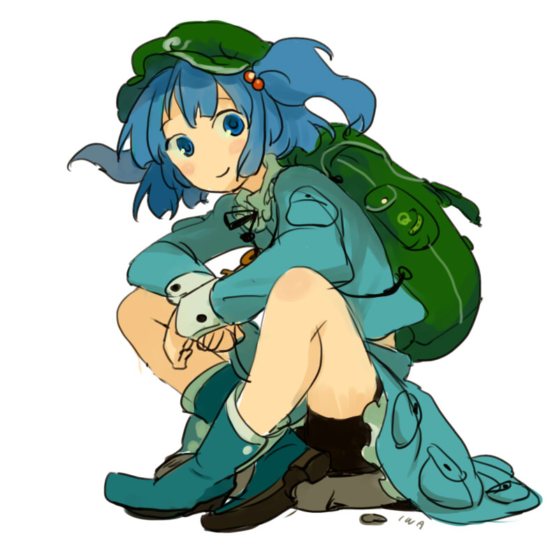 iwamoto zerogo, kawashiro nitori, touhou, 1girl, backpack, bag, bike shorts, blue eyes, blue hair, female focus, hair bobbles, hair ornament, looking at viewer, matching hair/eyes, sitting, smile, solo, two side up