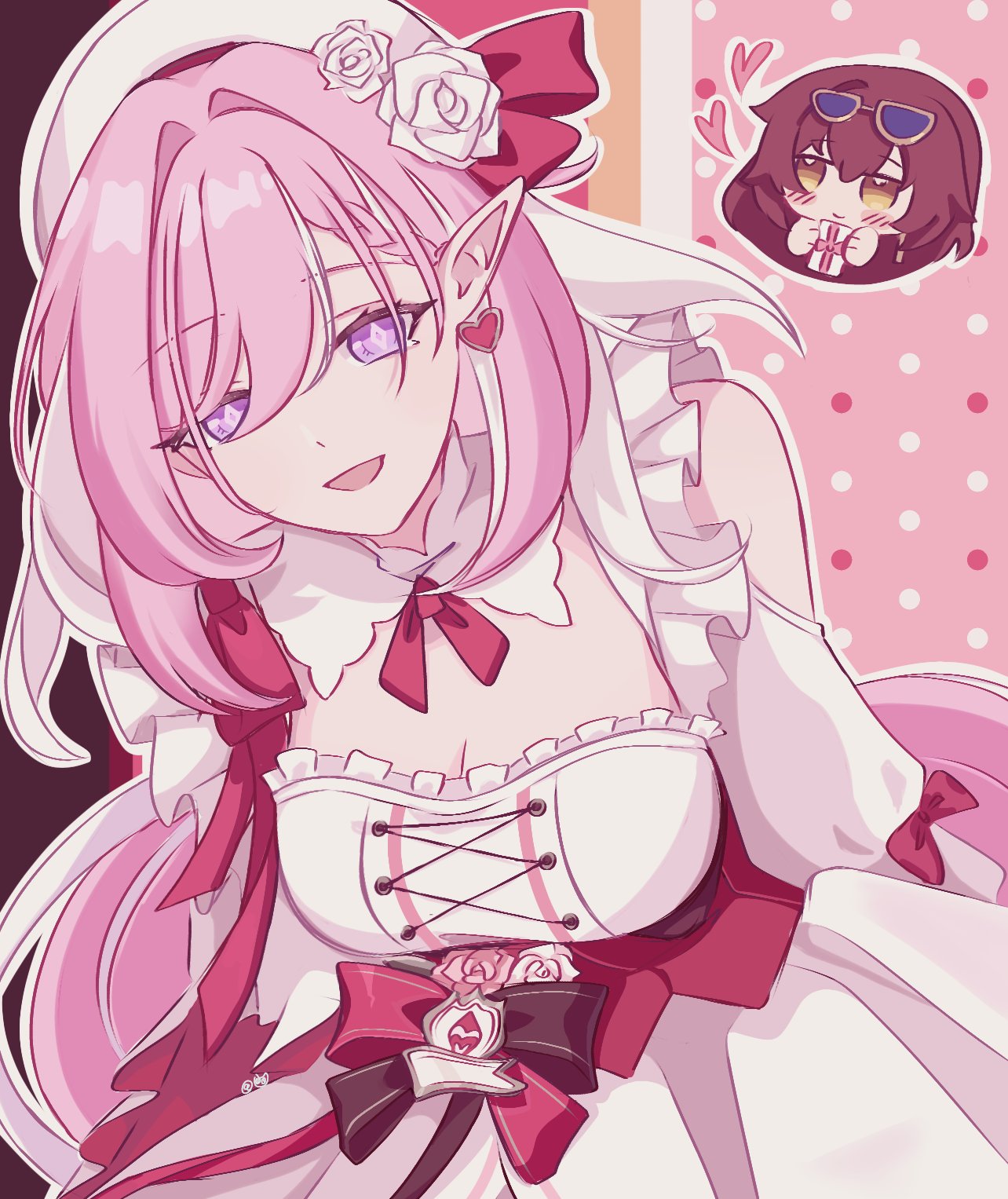 eden (honkai impact), elysia (hi love elf) (honkai impact), elysia (honkai impact), honkai (series), honkai impact 3rd, commentary, highres, symbol-only commentary, beret, blush, breadmilqq, breasts, brown hair, cleavage, diamond-shaped pupils, diamond (shape), dress, earrings, elf, eyewear on head, gift, hat, heart, heart earrings, holding, holding gift, jewelry, large breasts, leaning forward, long hair, multicolored hair, pink hair, pointy ears, purple eyes, smile, sunglasses, symbol-shaped pupils, two-tone hair, very long hair, white dress, white hair