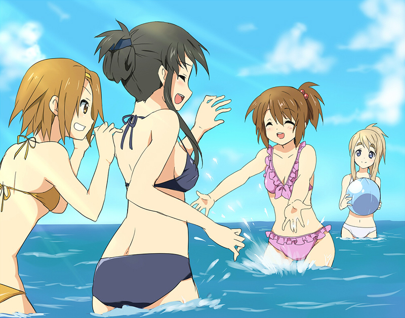 maruki (punchiki), akiyama mio, hirasawa yui, kotobuki tsumugi, tainaka ritsu, k-on!, bad id, bad pixiv id, 00s, 4girls, ass, ball, bikini, black bikini, black hair, blonde hair, blue eyes, blush, breasts, brown eyes, brown hair, cleavage, closed eyes, day, female focus, hair bobbles, hair ornament, ho-kago tea time, multiple girls, ocean, open mouth, outdoors, ponytail, sky, smile, splashing, swimsuit, wading, water