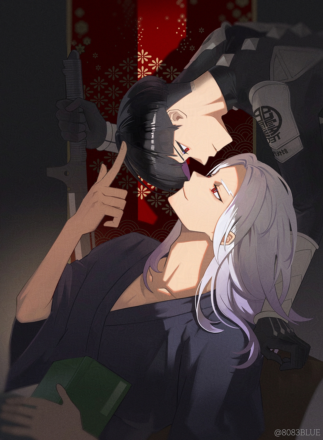 8083 blue, hoshina soshiro, kaijuu no. 8, commentary, highres, 2boys, black hair, black kimono, blunt bangs, book, bowl cut, brothers, closed mouth, grey background, grey hair, holding, holding book, holding sword, holding weapon, hoshina soichiro, index finger raised, japanese clothes, kimono, long sleeves, looking at another, male focus, multiple boys, pectoral cleavage, pectorals, red eyes, rotational symmetry, short hair, siblings, sword, weapon, wide sleeves