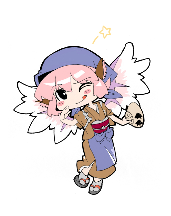 kureha mitsushige, mystia lorelei, okamisty, touhou, 1girl, :p, animal ears, blue headscarf, chibi, female focus, full body, hand fan, headscarf, japanese clothes, one eye closed, pink hair, sandals, short hair, simple background, solo, tasuki, tongue, tongue out, white background, wings, wink, zouri