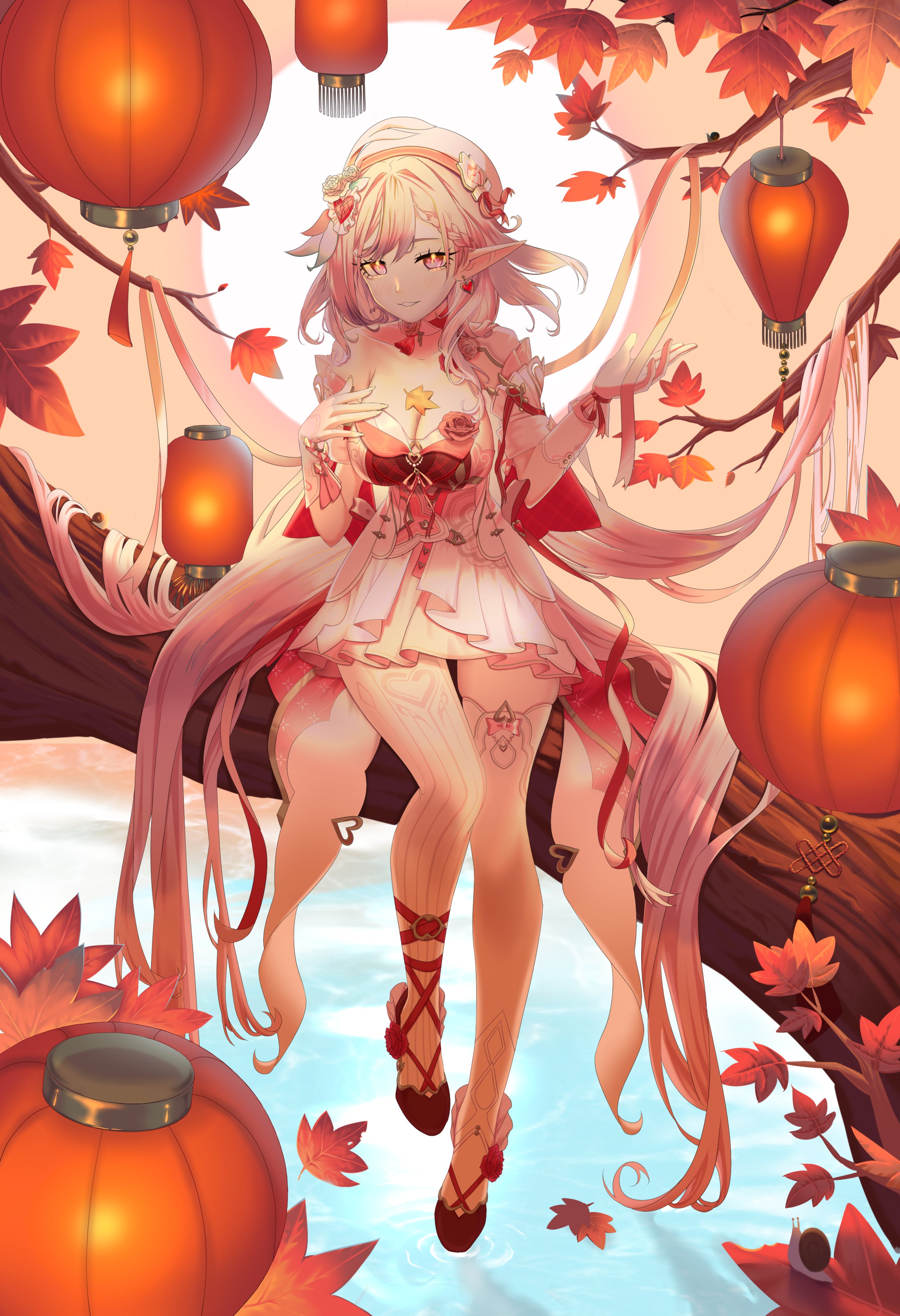 cominyan, elysia (hi love elf) (honkai impact), elysia (honkai impact), honkai (series), honkai impact 3rd, absurdres, commentary, english commentary, highres, 1girl, beret, breasts, cleavage, diamond-shaped pupils, diamond (shape), dress, earrings, elf, full moon, hat, heart, heart earrings, high heels, jewelry, lantern, large breasts, long hair, looking at viewer, moon, multicolored dress, multicolored hair, paper lantern, pink dress, pink hair, pink sky, pointy ears, purple eyes, red dress, sitting on branch, sky, sky lantern, smile, snail, solo, symbol-shaped pupils, thighhighs, two-tone hair, very long hair, water, white dress, white hair, white thighhighs