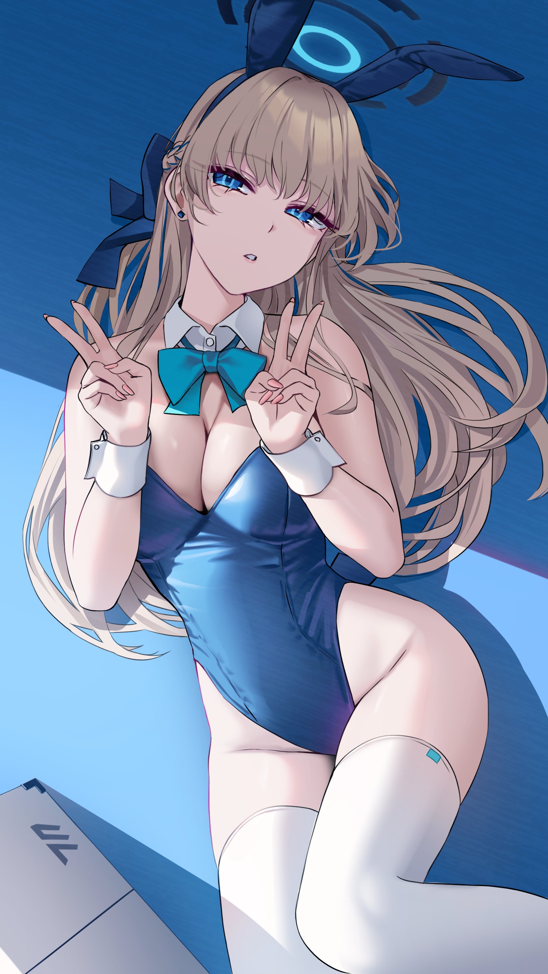 wanne, toki (blue archive), toki (bunny) (blue archive), blue archive, absurdres, commentary, highres, revision, symbol-only commentary, 1girl, aqua bow, aqua bowtie, blonde hair, blue eyes, blue hairband, blue halo, blue leotard, bow, bowtie, braid, breasts, cleavage, covered navel, detached collar, double v, hairband, half up braid, halo, highleg, highleg leotard, large breasts, leotard, long hair, looking at viewer, lying, official alternate costume, on back, on floor, parted lips, playboy bunny, solo, strapless, strapless leotard, thighhighs, v, white thighhighs, white wrist cuffs, wrist cuffs