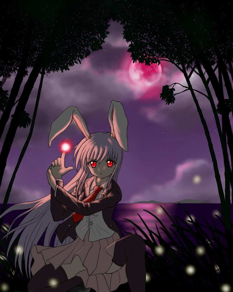 arashi takashi, chien, chien zero, reisen udongein inaba, touhou, 1girl, animal ears, black thighhighs, blazer, female focus, finger gun, jacket, long hair, miniskirt, moon, necktie, outdoors, pleated skirt, purple hair, rabbit ears, red eyes, red moon, skirt, sky, solo, thighhighs, tree, very long hair, zettai ryouiki
