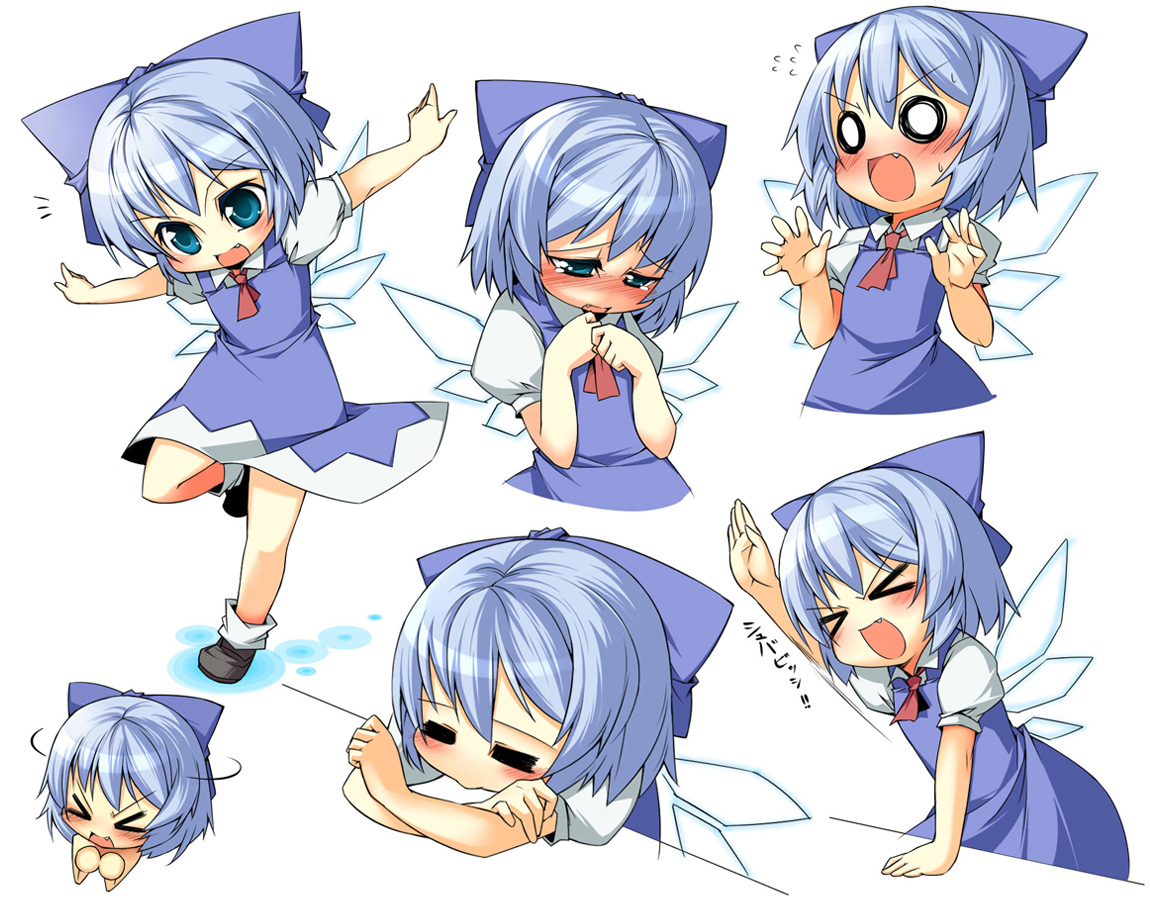 beihan, kokka han, cirno, embodiment of scarlet devil, touhou, > <, 1girl, :>, = =, ^^^, blue eyes, blue hair, blush, bow, closed eyes, embarrassed, fang, hair bow, hand up, ice, ice wings, juliet sleeves, long sleeves, multiple expressions, o o, outstretched arms, puffy sleeves, ribbon, shoes, simple background, socks, spread arms, surprised, surprised arms, tears, wings