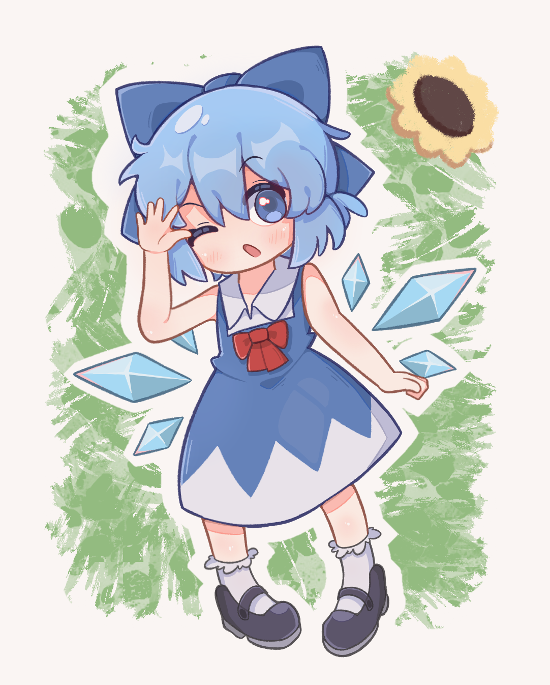 batta 0214, cirno, touhou, highres, 1girl, black shoes, blue dress, blue eyes, blue hair, blue ribbon, blush, dress, hair ribbon, ice, ice wings, one eye closed, open mouth, red ribbon, ribbon, shoes, short hair, socks, solo, white socks, wings