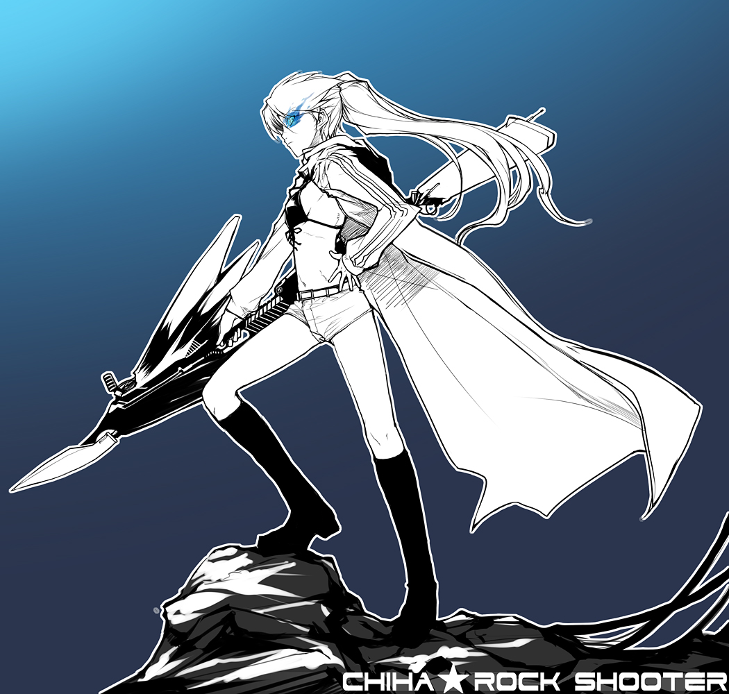 akari maki, black rock shooter, 10s, 1girl, aqua eyes, belt, bikini, bikini top only, blue background, blue eyes, blue theme, boots, coat, female focus, flat chest, front-tie top, glowing, glowing eyes, gradient background, hand on own hip, hip focus, long hair, midriff, monochrome, polearm, short shorts, shorts, solo, spear, swimsuit, trench coat, twintails, weapon