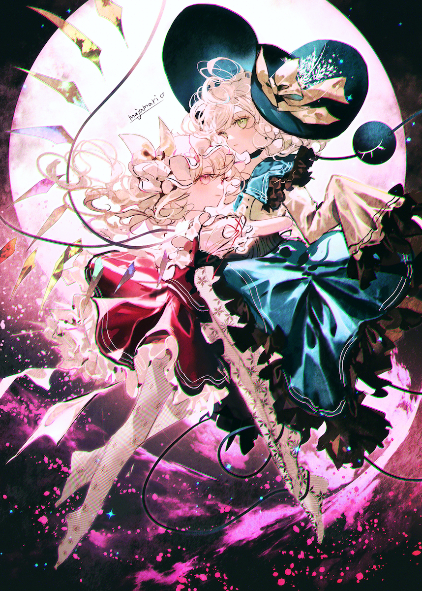 majamari, flandre scarlet, komeiji koishi, touhou, commentary, highres, revision, third-party source, 2girls, artist name, black choker, black hat, blonde hair, blush, choker, contrast collar, crystal wings, frilled sailor collar, frills, full body, full moon, green eyes, green sailor collar, green skirt, grey hair, hat, heart, hug, lace pantyhose, long hair, looking at viewer, mob cap, moon, multiple girls, no shoes, red skirt, red vest, sailor collar, shirt, skirt, sleeves past fingers, sleeves past wrists, vest, white hat, white shirt, wings, yellow shirt, yuri