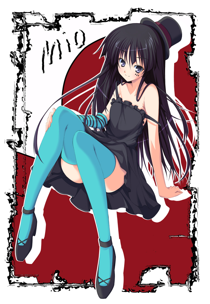 hayakawa harui, akiyama mio, don't say "lazy", k-on!, 00s, 1girl, alternate breast size (smaller), bare shoulders, black hair, blue eyes, dress, elbow gloves, female focus, flat chest, gloves, hat, legs, long hair, mini hat, mini top hat, solo, thighhighs, top hat
