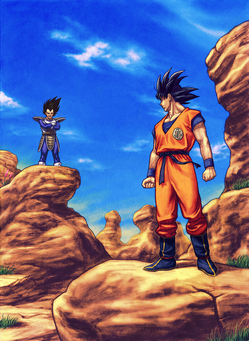 ug (ugg), son goku, vegeta, dragon ball, dragonball z, bad id, bad pixiv id, 2boys, black hair, clothes writing, day, male focus, multiple boys, phallic symbol, sky