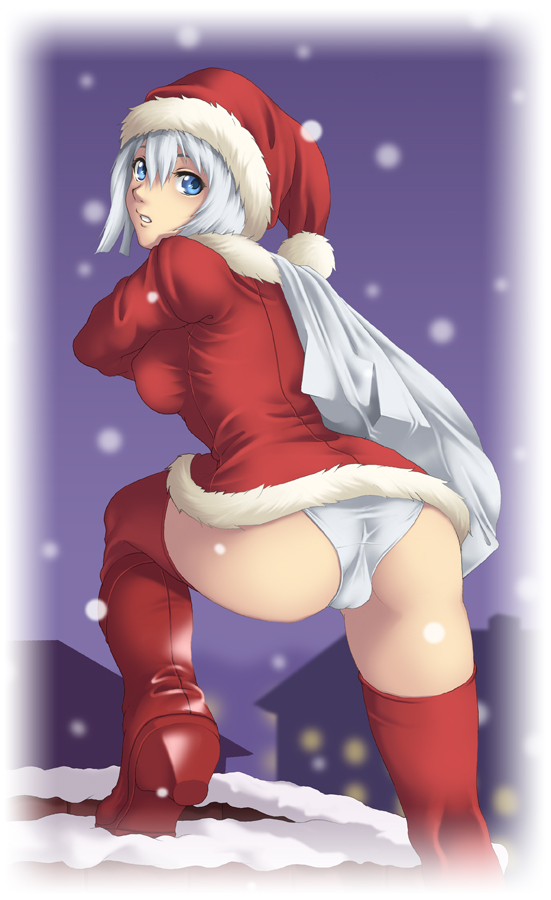thor (deep rising), 1girl, ass, boots, cameltoe, christmas, female focus, hat, panties, santa costume, santa hat, short hair, snow, solo, thighhighs, underwear, white hair