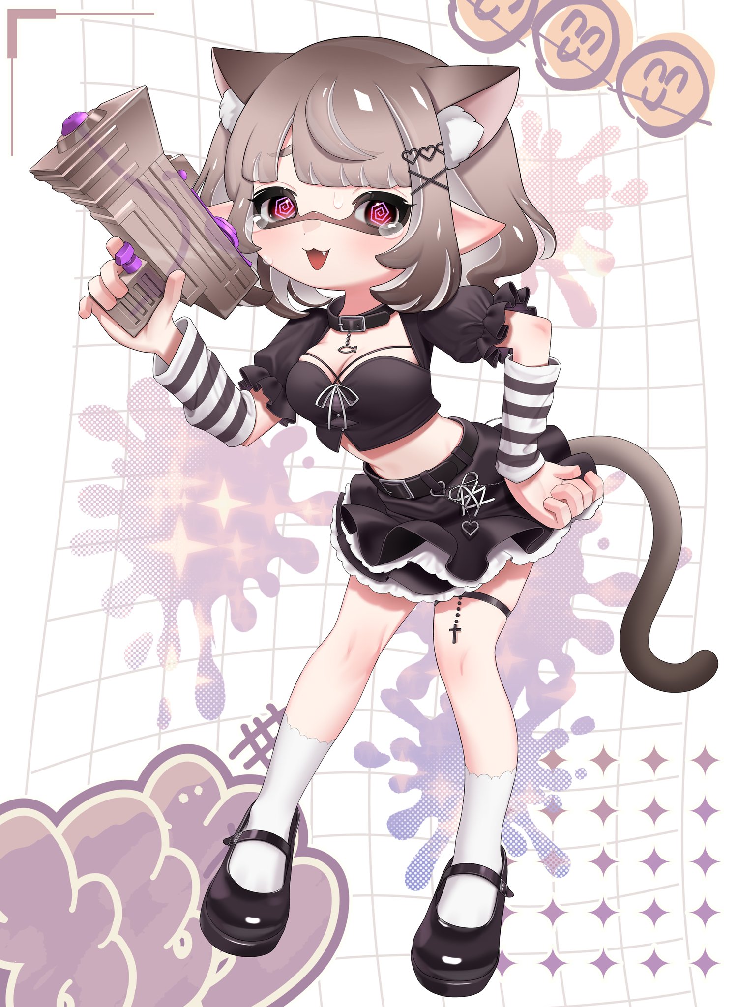 puchiman, inkling girl, inkling player character, nintendo, splatoon (series), commentary request, commission, highres, second-party source, skeb commission, variant set, 1girl, @ @, animal ear fluff, animal ears, black arm warmers, black choker, black shirt, black shoes, black skirt, breasts, brown hair, cat ears, cat girl, cat tail, choker, cleavage, crop top, extra ears, fang, frilled skirt, frilled sleeves, frills, full body, hair ornament, hand on own hip, heart, heart hair ornament, holding, holding weapon, inkling, mary janes, medium breasts, medium hair, midriff, navel, open mouth, pointy ears, puffy short sleeves, puffy sleeves, red eyes, shirt, shoes, short sleeves, skirt, socks, solo, splattershot jr. (splatoon), striped arm warmers, tail, tearing up, tentacle hair, thigh strap, weapon, white arm warmers, white socks, x hair ornament