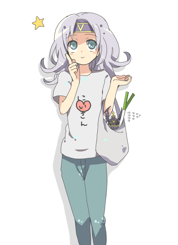 minota, minota (pixiv119393), cecil harvey, golbez, dissidia final fantasy, final fantasy, final fantasy iv, silver hair, bad id, 1990s (style), 1boy, androgynous, bag, blue eyes, denim, headband, heart, jeans, male focus, pants, shirt, solo, spring onion, star (symbol), white background