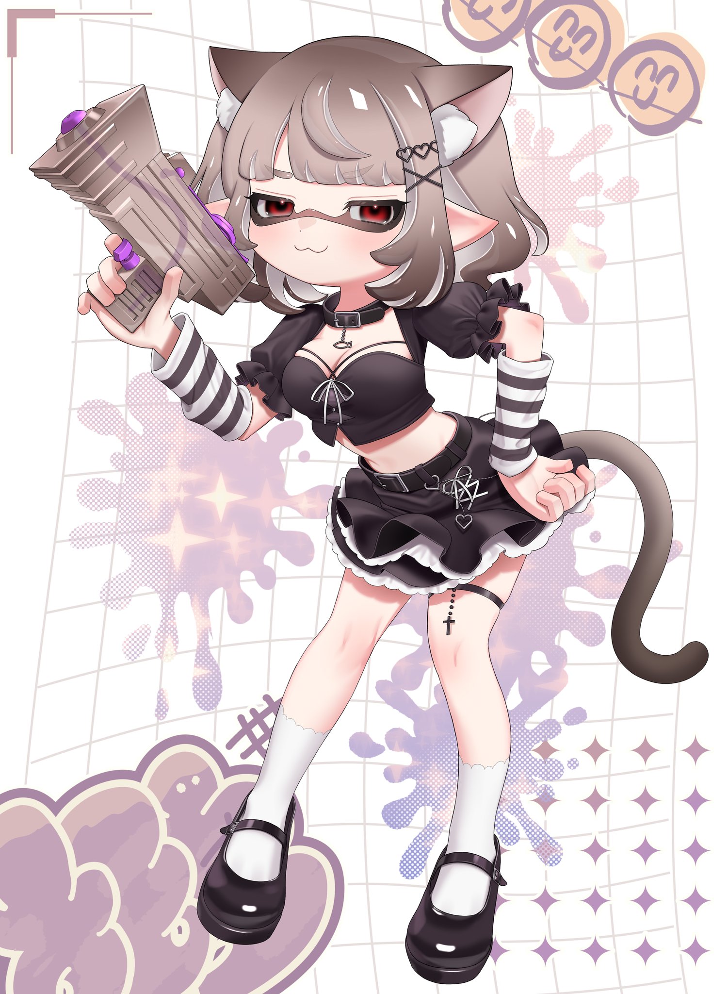 puchiman, inkling girl, inkling player character, nintendo, splatoon (series), commentary request, commission, highres, second-party source, skeb commission, variant set, 1girl, :3, animal ear fluff, animal ears, black arm warmers, black choker, black shirt, black shoes, black skirt, breasts, brown hair, cat ears, cat girl, cat tail, choker, cleavage, closed mouth, crop top, extra ears, frilled skirt, frilled sleeves, frills, full body, hair ornament, hand on own hip, heart, heart hair ornament, holding, holding weapon, inkling, looking at viewer, mary janes, medium breasts, medium hair, midriff, narrowed eyes, navel, pointy ears, puffy short sleeves, puffy sleeves, red eyes, shirt, shoes, short sleeves, skirt, smile, socks, solo, splattershot jr. (splatoon), striped arm warmers, tail, tentacle hair, thigh strap, weapon, white arm warmers, white socks, x hair ornament