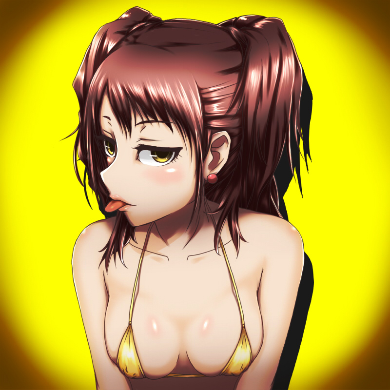 gorgonzola (paradisegom), kujikawa rise, shadow (persona), atlus, persona, persona 4, bad id, bad pixiv id, 1girl, bare shoulders, bikini, bikini top only, breasts, cleavage, covered erect nipples, dark persona, female focus, lipstick, makeup, micro bikini, naughty face, pink hair, solo, swimsuit, tongue, twintails, yellow background, yellow bikini, yellow eyes