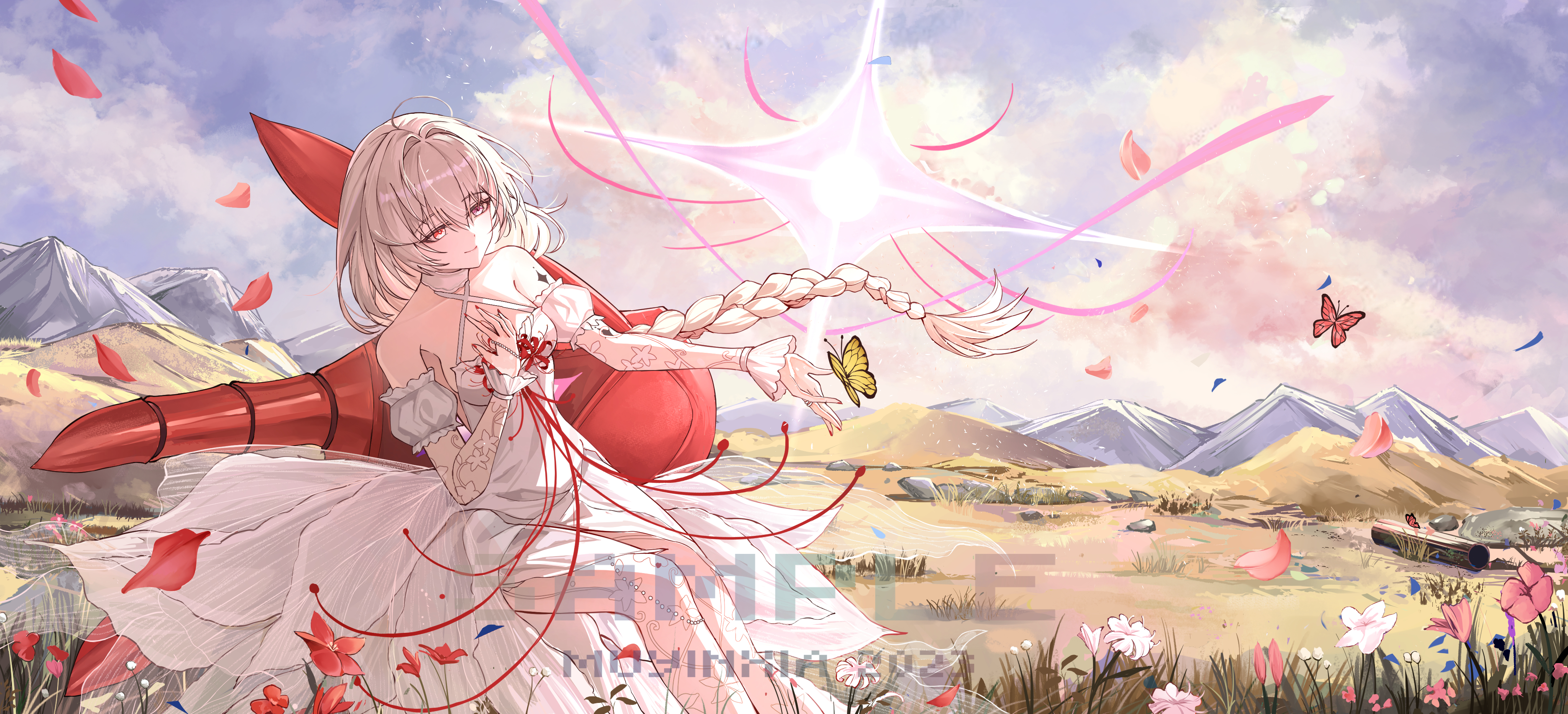 muyinxia, phrolova (wuthering waves), wuthering waves, absurdres, chinese commentary, commentary request, highres, 1girl, bare shoulders, braid, bug, butterfly, closed mouth, criss-cross halter, detached sleeves, dress, grey hair, hair between eyes, halter dress, halterneck, hand on own chest, insect, long dress, long hair, low-braided long hair, low-tied long hair, mountainous horizon, nail polish, outdoors, red eyes, red nails, red petals, smile, solo, tacet mark (wuthering waves), white dress, yellow butterfly