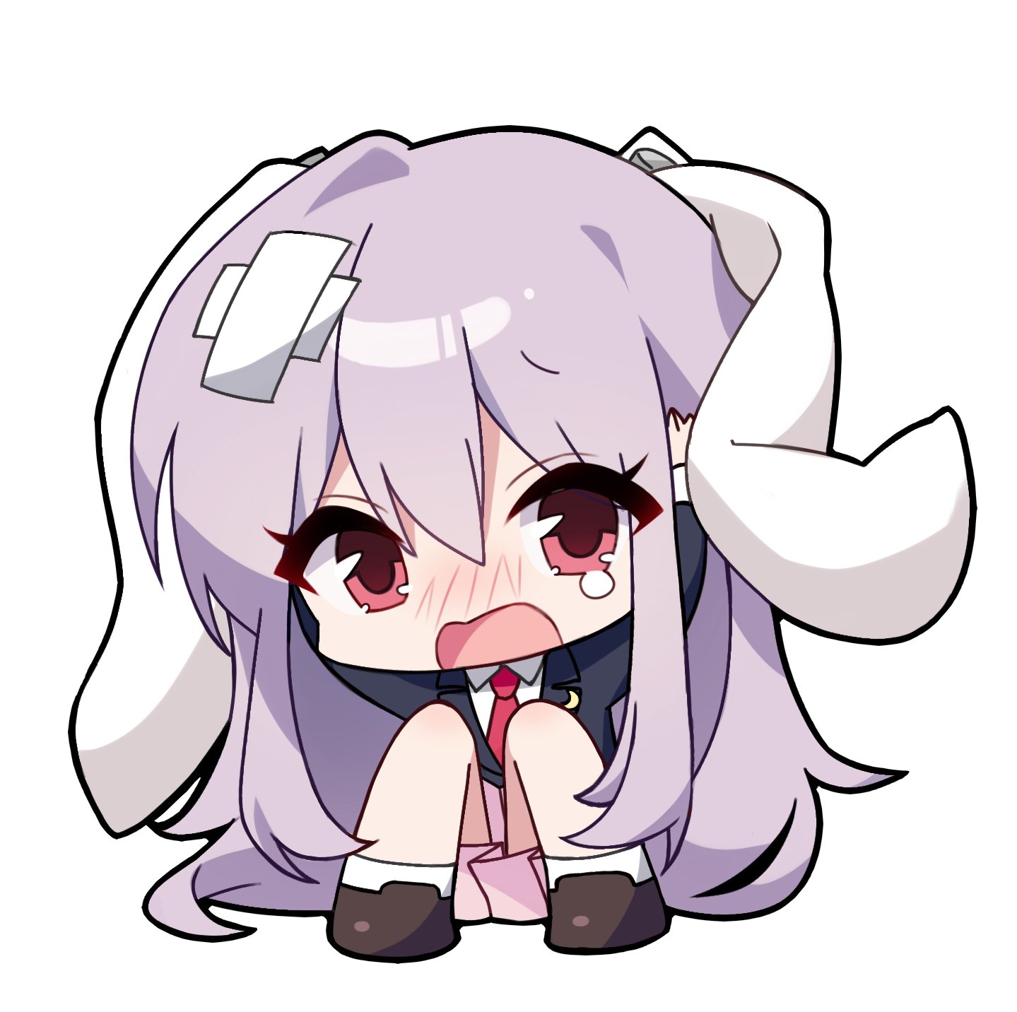 pudding (skymint 028), reisen udongein inaba, touhou, commentary, highres, symbol-only commentary, 1girl, animal ears, arms up, bandaid, bandaid on head, black jacket, black outline, black shoes, blush, chibi, chibi only, hands on own head, jacket, knees up, long hair, long sleeves, looking at viewer, necktie, nose blush, open mouth, outline, pink skirt, purple hair, rabbit ears, red eyes, red necktie, shirt, shoes, simple background, sitting, skirt, socks, solo, teardrop, very long hair, white background, white shirt, white socks