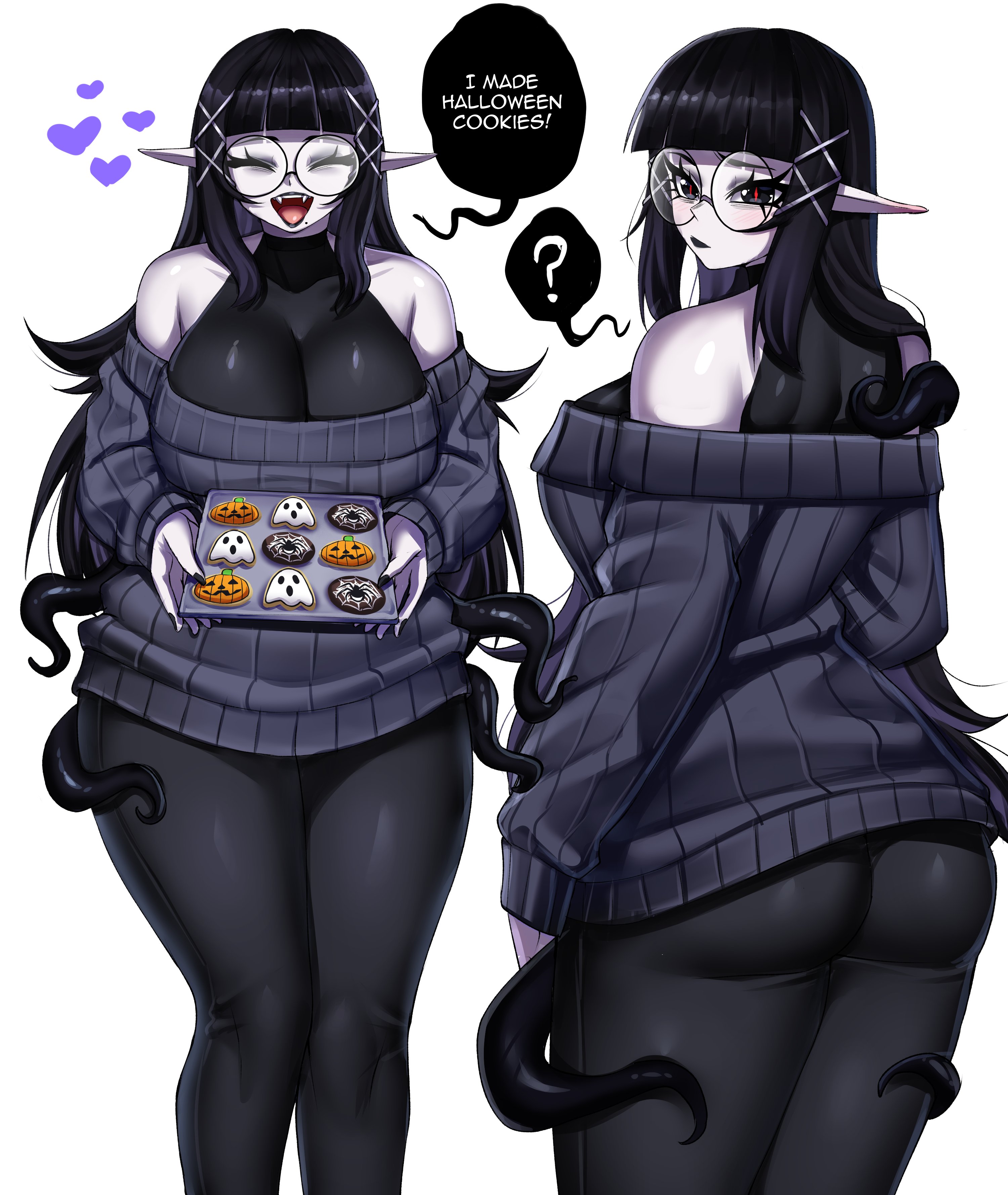 rageman709, original, absurdres, highres, ?, ass, bare shoulders, black hair, black lips, breasts, cleavage, cookie, cropped legs, english text, fangs, food, from behind, hair ornament, halloween, holding, huge ass, huge breasts, lady belladonna (rageman709), long eyelashes, long hair, long pointy ears, long sleeves, mole, mole under mouth, multiple views, pale skin, pointy ears, red eyes, slit pupils, speech bubble, spoken question mark, sweater, tentacles, thick thighs, thighs, vampire