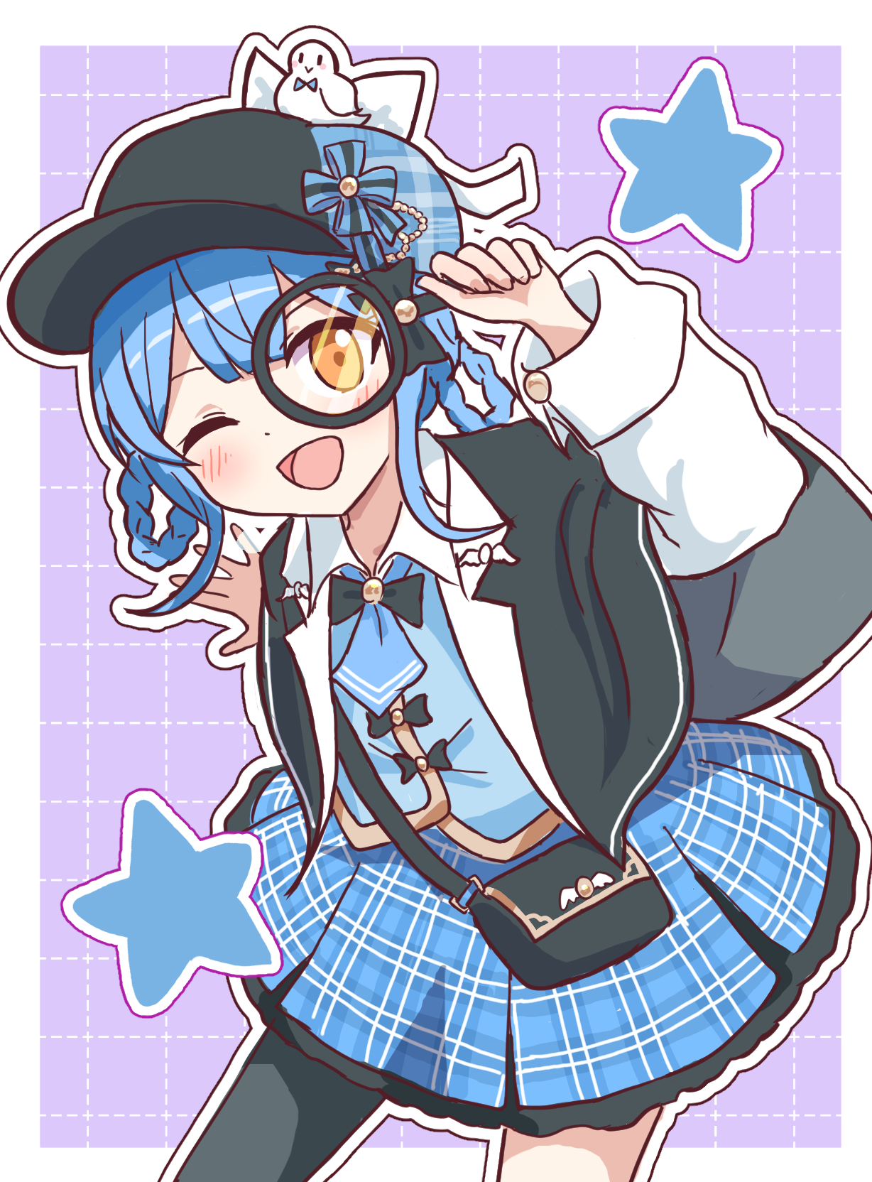 tachibana sherry, mahou shoujo no majo saiban, commentary request, highres, 1girl, ;d, black bag, black capelet, black hat, blue background, blue hair, blue skirt, braid, braided hair rings, capelet, collared shirt, deerstalker, detective, frilled skirt, frills, hair rings, hat, holding, holding magnifying glass, long sleeves, looking at viewer, magnifying glass, mirakai, one eye closed, open mouth, outline, plaid clothes, plaid skirt, pleated skirt, shirt, short hair, skirt, smile, solo, standing, star (symbol), white outline, white shirt, yellow eyes