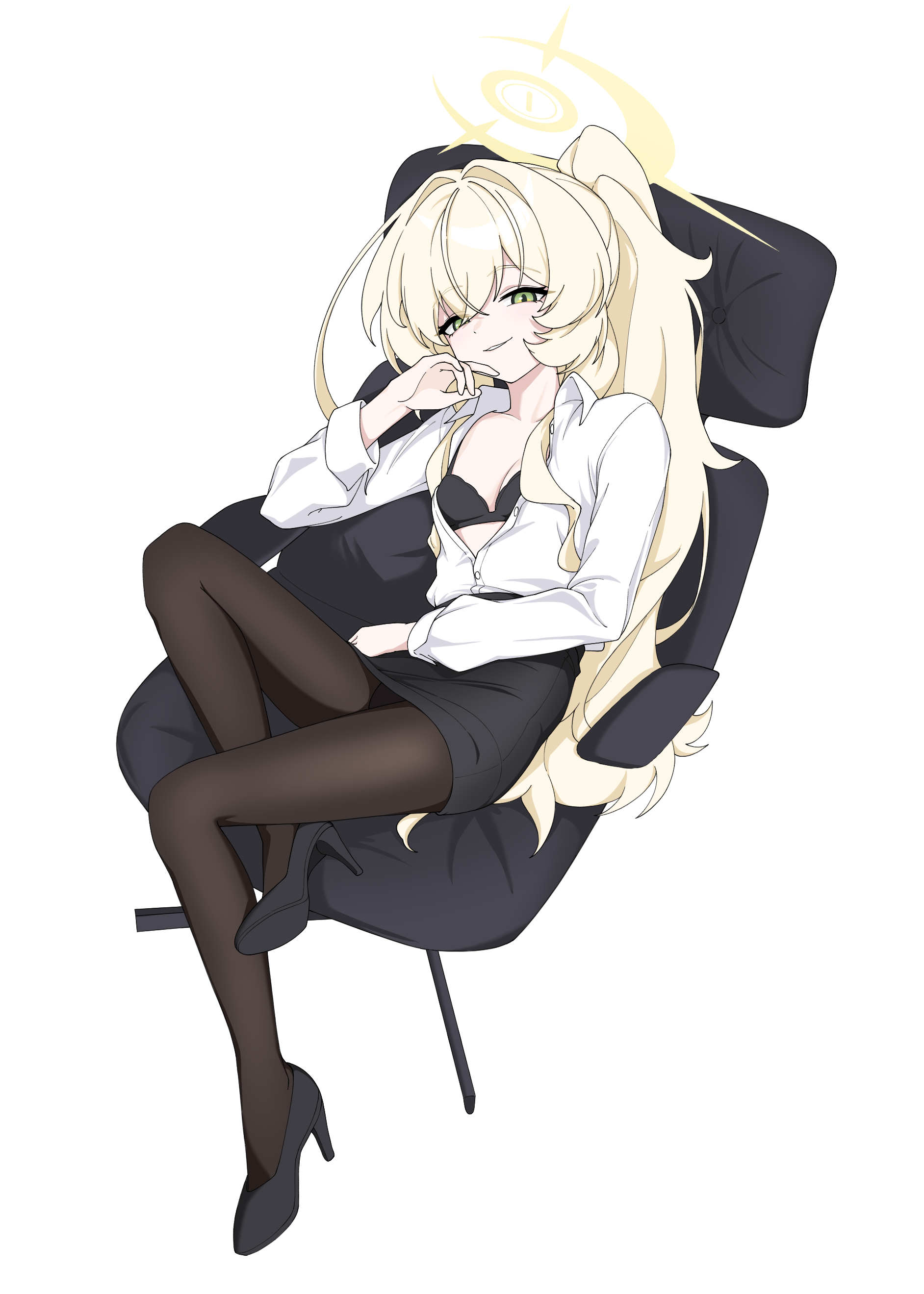 mandara3a, professor niyaniya (blue archive), professor niyaniya (teacher) (blue archive), blue archive, fluffy hair, absurdres, highres, 1girl, black bra, black panties, black pantyhose, black shoes, black skirt, blonde hair, bra, breasts, chair, collared shirt, dress shirt, elbow rest, figure four sitting, full body, green eyes, hair intakes, half-closed eyes, halo, high heels, high ponytail, long sleeves, looking at viewer, miniskirt, office chair, office lady, on chair, open clothes, open shirt, panties, pantyhose, pantyshot, parted lips, partially unbuttoned, pencil skirt, petite, ponytail, pumps, seductive smile, shirt, shoes, sitting, skirt, small breasts, smile, solo, swivel chair, underwear, white background, white shirt, wing collar, yellow halo