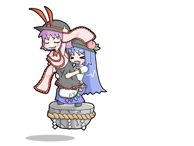 kureha mitsushige, hinanawi tenshi, nagae iku, saturday night fever, touhou, > <, 2girls, blue hair, carrying, closed eyes, female focus, food, fruit, hat, kaname-ishi, long hair, multiple girls, peach, purple hair, rope, saboten pose, shimenawa, short hair, simple background, standing, white background