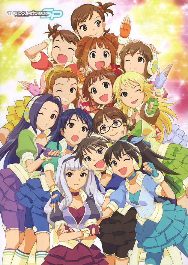 annindoufu (oicon), akizuki ritsuko, amami haruka, futami ami, futami mami, ganaha hibiki, hagiwara yukiho, hoshii miki, kikuchi makoto, kisaragi chihaya, minase iori, miura azusa, shijou takane, takatsuki yayoi, idolmaster, idolmaster (classic), idolmaster sp, pop sound blossom, 00s, 6+girls, ahoge, antenna hair, blunt bangs, breasts, cleavage, copyright name, everyone, headphones, multiple girls, siblings, sisters, twins