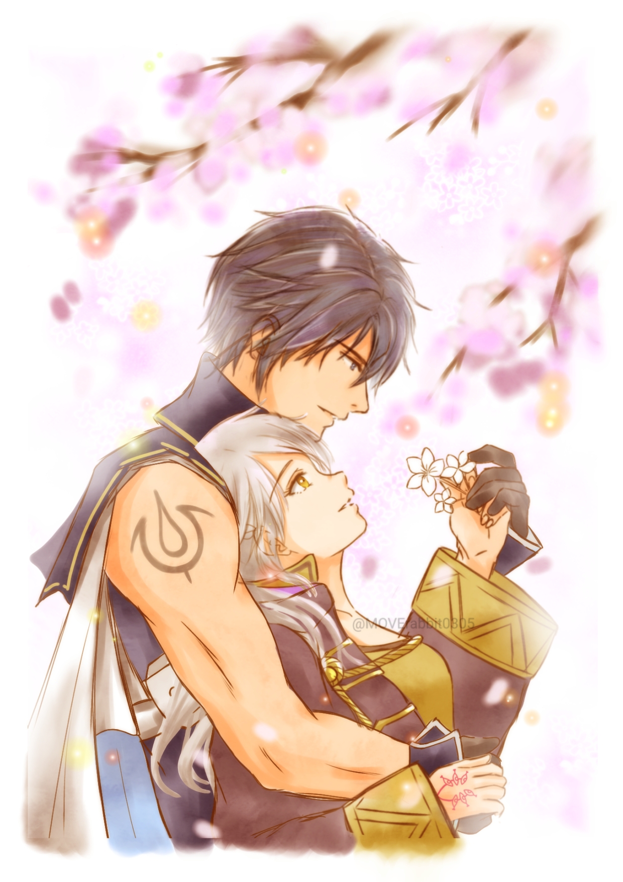 moverabbit0305, chrom (fire emblem), female robin (fire emblem), fire emblem, fire emblem awakening, intelligent systems, highres, 1boy, 1girl, ahoge, arm tattoo, black gloves, blue hair, brand of the exalt, breasts, collarbone, couple, eyelashes, falling petals, flower, from side, gloves, hand tattoo, hands up, holding, holding flower, leaning on person, long hair, long sleeves, looking at another, looking down, looking up, medium breasts, muscular arms, neck, no gloves, outdoors, petals, profile, shirt, short hair, sidelocks, sleeveless, sleeveless shirt, standing, swept bangs, tattoo, toned, toned male, tree, twintails, upper body, white hair, wide sleeves, yellow eyes