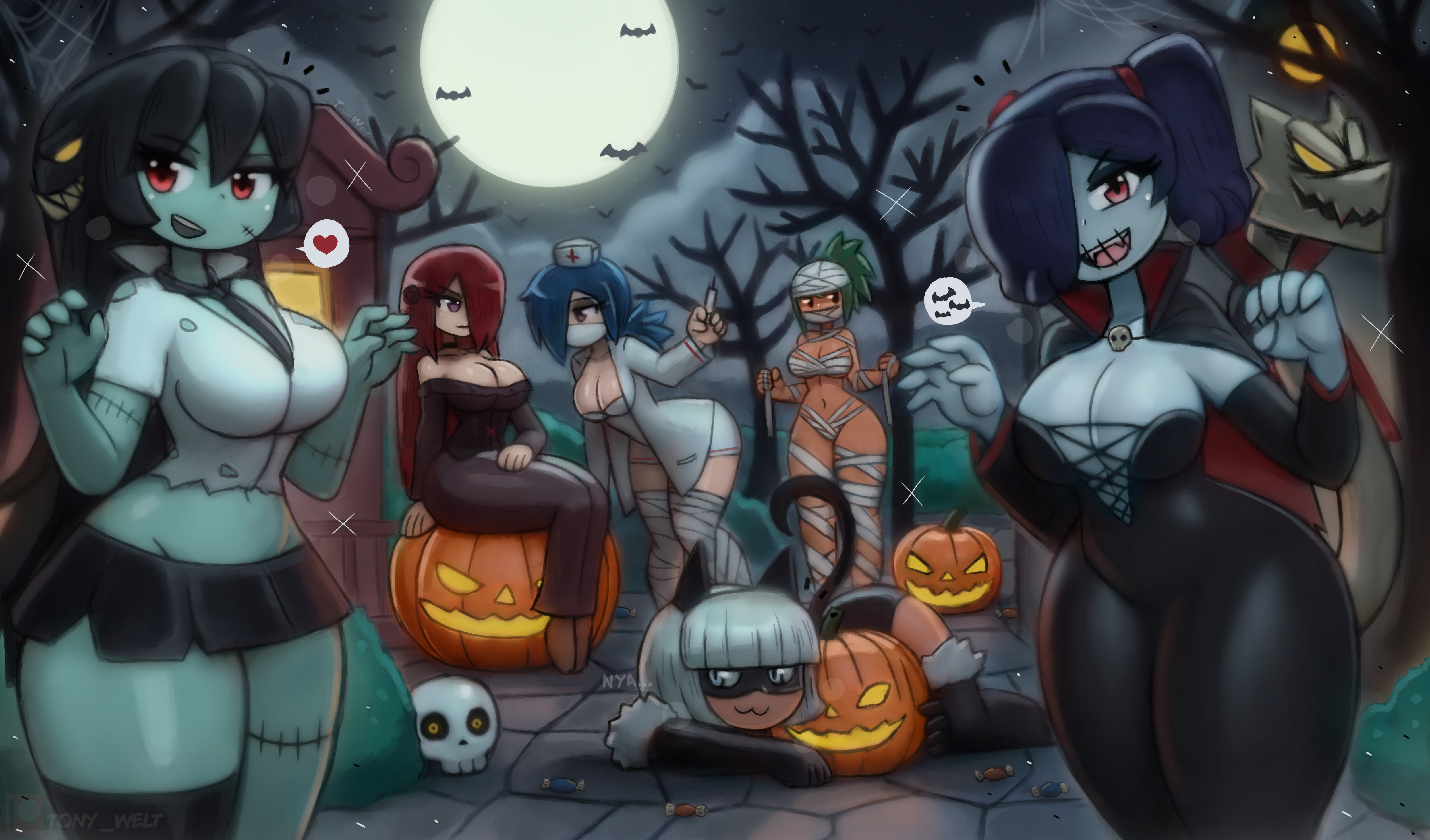 tony welt, squigly (skullgirls), skullgirls, absurdres, highres, animal ears, ass, breasts, cat ears, cleavage, halloween, multiple girls, pumpkin, zombie