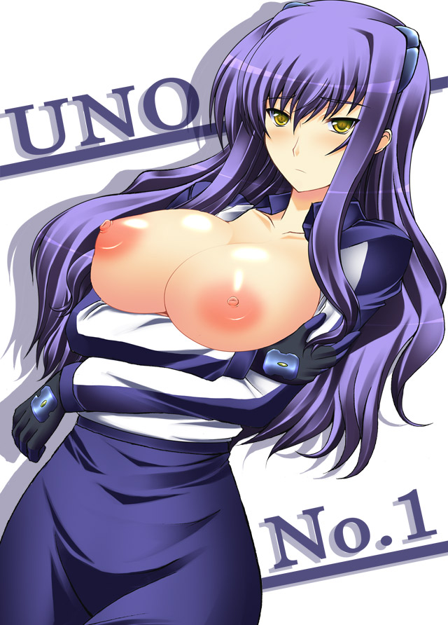 kuronezumi, numbers (nanoha), uno (nanoha), lyrical nanoha, mahou shoujo lyrical nanoha, mahou shoujo lyrical nanoha strikers, breast hold, 00s, 1girl, blush, breasts, crossed arms, female focus, gloves, large breasts, nipples, no bra, open clothes, open shirt, purple hair, shirt, solo, yellow eyes
