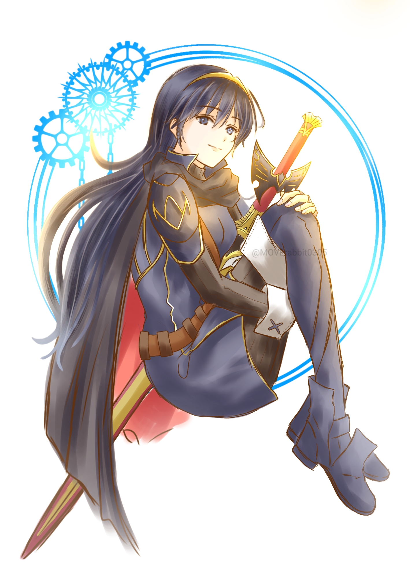 moverabbit0305, lucina (fire emblem), fire emblem, fire emblem awakening, intelligent systems, highres, 1girl, armor, belt, blue boots, blue cape, blue pants, blue vest, boots, brand of the exalt, breasts, cape, eyelashes, falchion (fire emblem), female focus, fingerless gloves, fingernails, floating, from side, full body, gears, gloves, hair between eyes, hand on own knee, happy, knees to chest, long hair, long sleeves, looking at viewer, mask, matching hair/eyes, pants, scabbard, sheath, shoulder armor, sidelocks, small breasts, smile, symbol in eye, thigh boots, tiara, unworn mask, vest