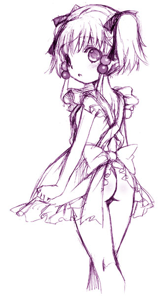 nakamura kanko, irui guneden, banpresto, super robot wars, 1girl, :o, apron, ass, blush, clenched hand, female focus, flat chest, from behind, hair bobbles, hair ornament, hair ribbon, loli, looking at viewer, looking back, monochrome, naked apron, open mouth, ribbon, short hair, short twintails, sidelocks, simple background, sketch, solo, standing, surprised, twintails