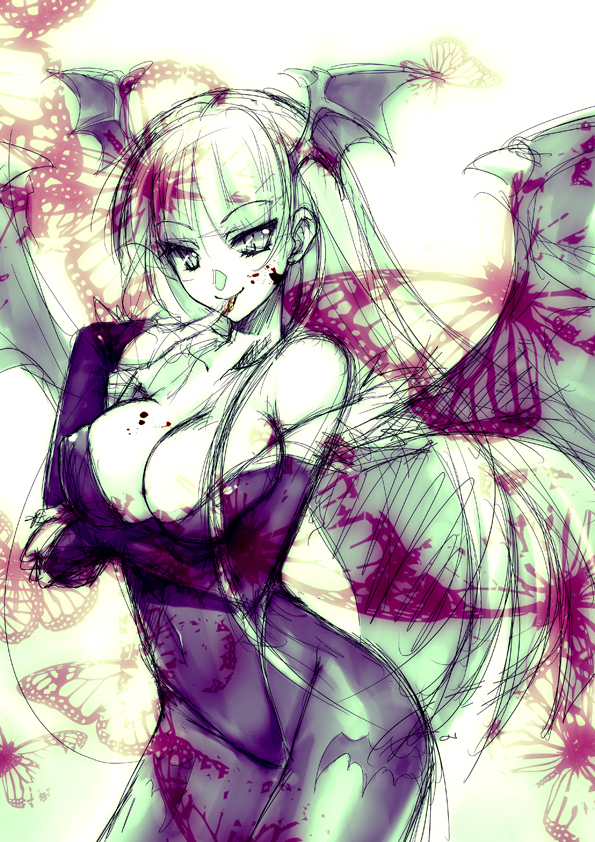 shouna mitsuishi, morrigan aensland, capcom, darkstalkers, 1girl, animal print, bat print, bat wings, breasts, cleavage, demon girl, elbow gloves, female focus, gloves, head wings, large breasts, long hair, pantyhose, patterned legwear, print pantyhose, sketch, solo, wings