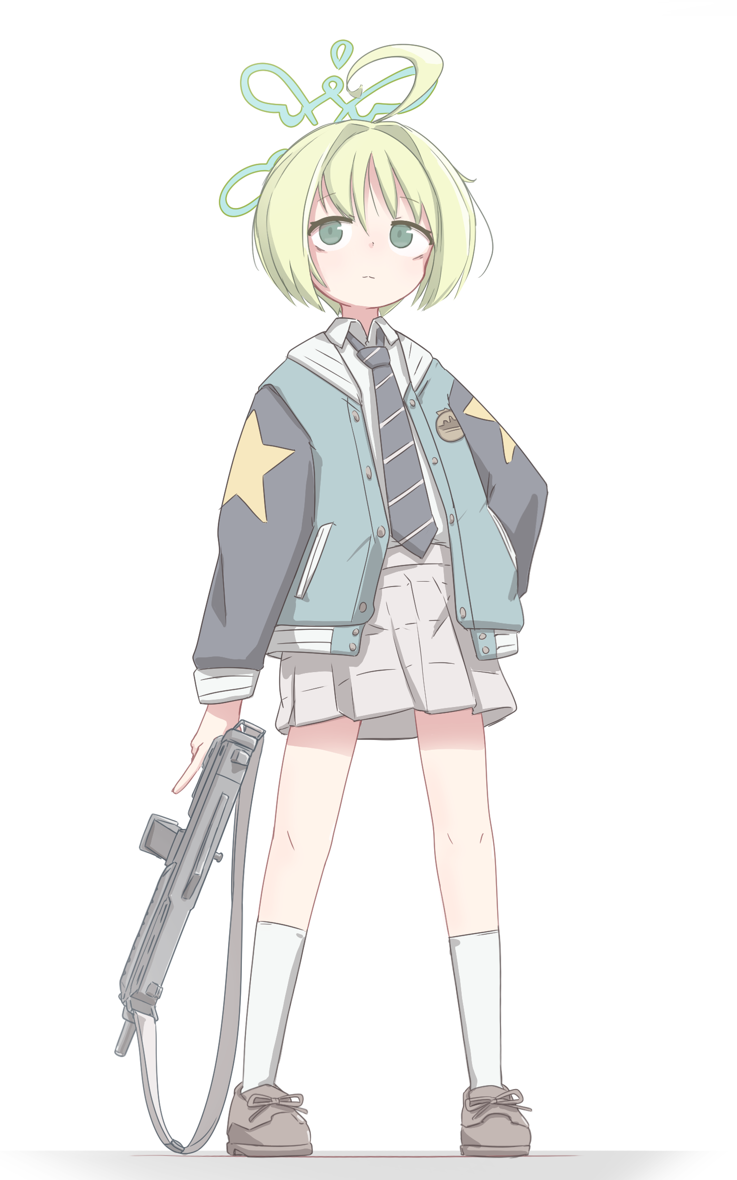 player193, ritsu (blue archive), blue archive, absurdres, commentary request, highres, 1girl, ahoge, closed mouth, collared shirt, full body, green eyes, gun, hair between eyes, halo, hand in pocket, holding, holding gun, holding weapon, jacket, kneehighs, long sleeves, necktie, open clothes, open jacket, shirt, shirt tucked in, shoes, short hair, simple background, skirt, socks, solo, standing, star (symbol), weapon, white background, white shirt, white socks