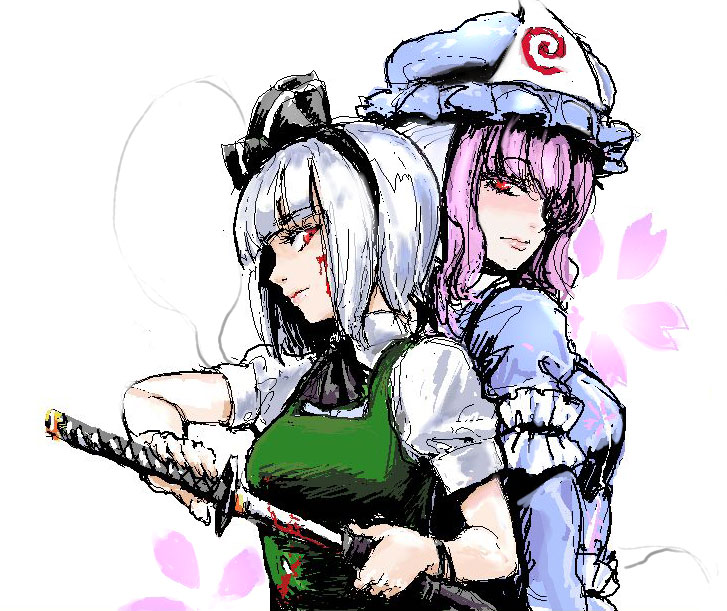 osakana (denpa yun'yun), konpaku youmu, konpaku youmu (ghost), saigyouji yuyuko, touhou, bad id, bad pixiv id, 2girls, blood, female focus, hat, hitodama, japanese clothes, katana, kimono, multiple girls, ribbon, sheath, sword, unsheathing, weapon, white hair
