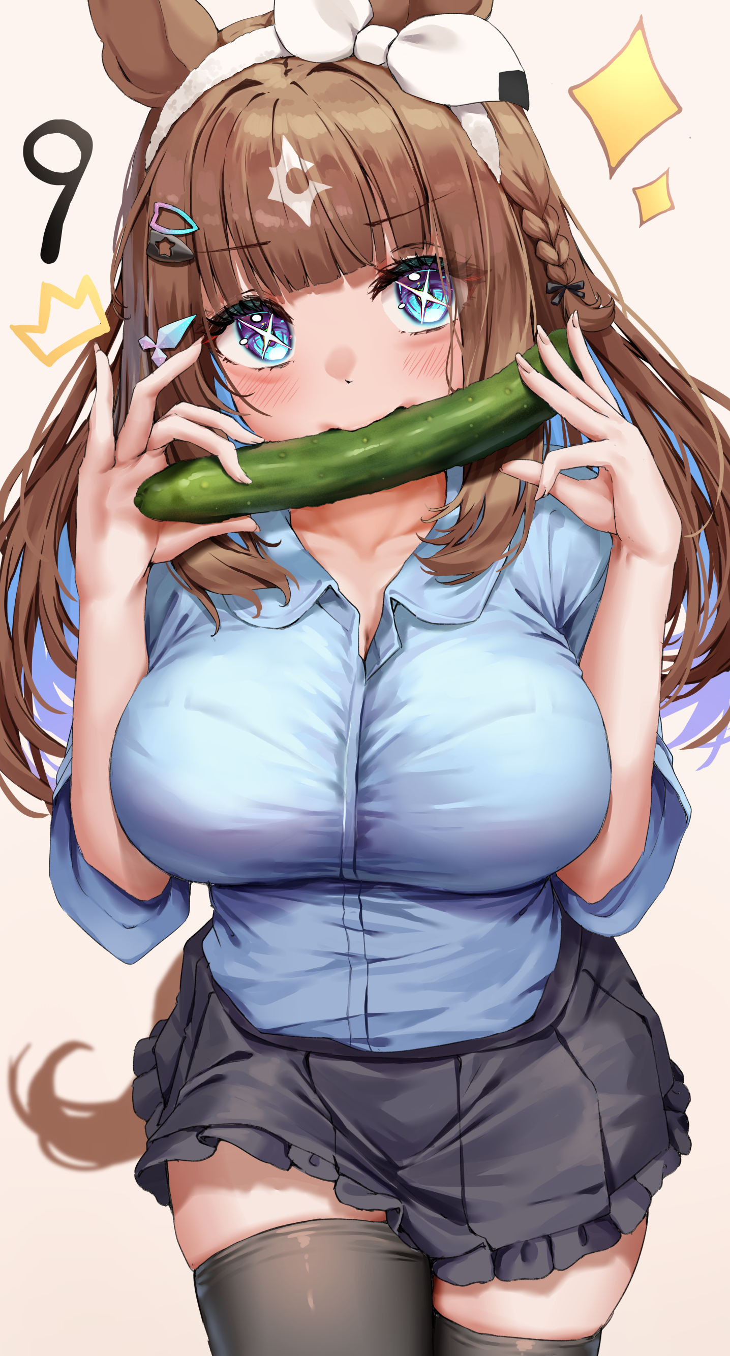 tabunshake, almond eye (umamusume), umamusume, absurdres, commentary request, highres, 1girl, animal ears, black skirt, black thighhighs, blue eyes, blue hair, blunt bangs, blush, bow, bow hairband, braid, breasts, brown hair, brown tail, collarbone, colored inner hair, cowboy shot, cross-shaped pupils, cucumber, hairband, horse ears, horse girl, horse tail, large breasts, looking at viewer, multicolored hair, side braid, simple background, skirt, solo, symbol-shaped pupils, tail, thighhighs, thighs, too many hair ornaments, white background, white bow, white hair, white hairband